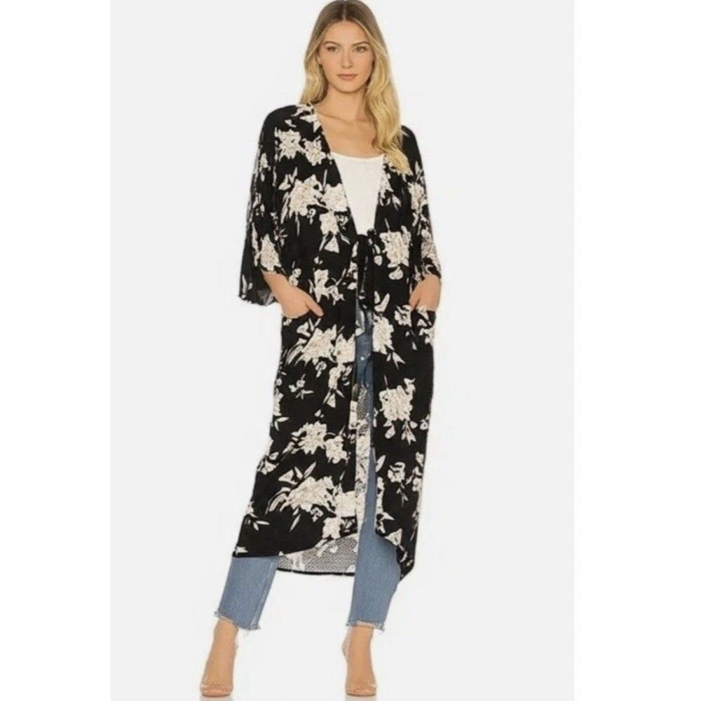 Spiritual Gangster Black Floral  Long Line Cardigan Tie Front Pockets  OS